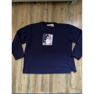 Vintage Christmas Santa Sleigh Rudolph Sweatshirt Navy Blue Embroidered XL